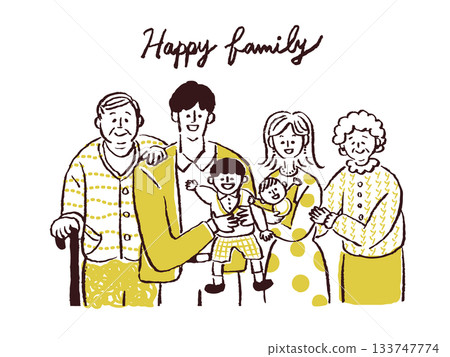 一幅描繪三代父母和孩子一起微笑的插圖 一幅描繪三代父母和孩子一起微笑的插圖 133747774