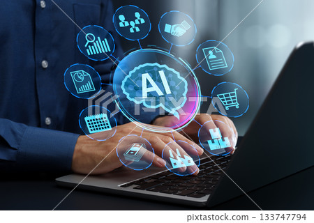 整合人工智慧的ERP系統和機器學習自動化。數據驅動的預測分析。筆記型電腦 整合人工智慧的ERP系統和機器學習自動化。數據驅動的預測分析。筆記型電腦 133747794