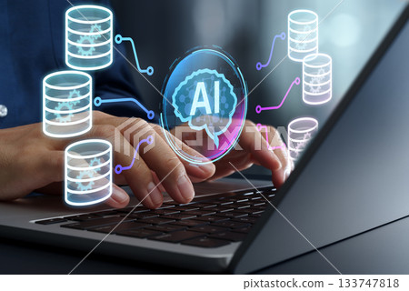 AI-powered data mining and analytics. Machine learning pattern discovery solution. Laptop. AI-powered data mining and analytics. Machine learning pattern discovery solution. Laptop. 133747818