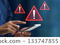 Security system warning alerts displayed on smartphone. Security threats and high risk detection. Error 133747855