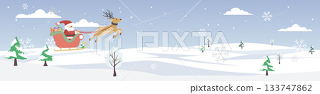 Santa Claus on a sleigh with reindeer and gifts for the children. Flying in the snow.  Trees growing everywhere. Under a calm sky with stars shining and shooting stars. For banner background. 133747862