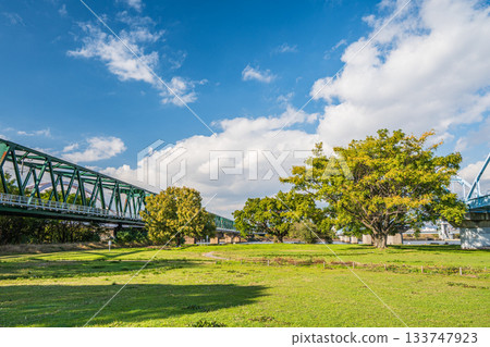 阪急千里線鐵路橋穿過大阪市淀川公園的長良地區 阪急千里線鐵路橋穿過大阪市淀川公園的長良地區 133747923