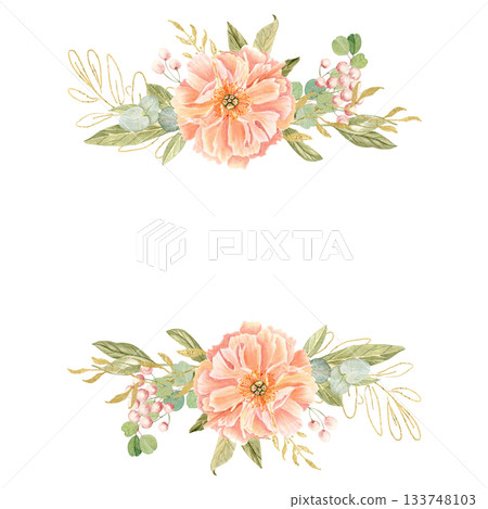 Elegant peach peonies, delicate greenery, subtle gold accents watercolor floral frame isolated on white. Hand-painted perfect for wedding invitations, branding, packaging, fabric design, cards. Square Elegant peach peonies, delicate greenery, subtle gold accents watercolor floral frame isolated on white. Hand-painted perfect for wedding invitations, branding, packaging, fabric design, cards. Square 133748103
