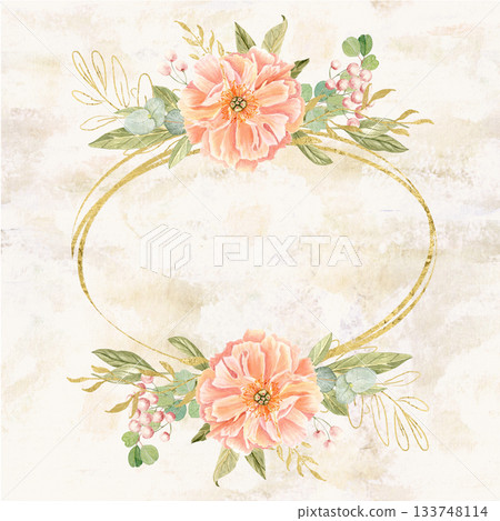 Peach peonies, eucalyptus, gold oval accents on beige textured background. Hand-painted watercolor floral frame. Ideal for wedding invitations, stationery layouts, branding and elegant card designs. 133748114