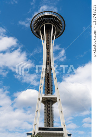 Seattle, Washington, USA - July 26, 2024: Modern Seattle architectural landmark. Architecture of Space needle. Seattle with Space Needle tower. Tower architecture landmark. Seattle landmark Seattle, Washington, USA - July 26, 2024: Modern Seattle architectural landmark. Architecture of Space needle. Seattle with Space Needle tower. Tower architecture landmark. Seattle landmark 133748215