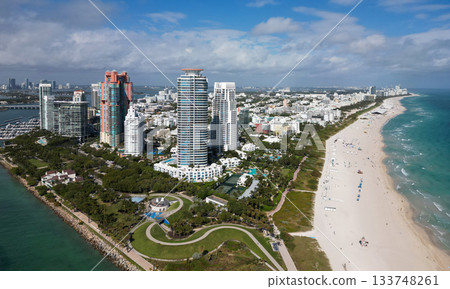 Sea vacation on beach. Aerial marina view. Beach vacation. Coastline of Miami. Miami south beach aerial view. Sea beach seashore and coastline. Summer vacation in Miami, united states 133748261