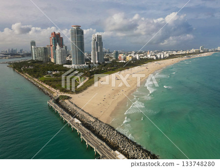 Luxury view. Florida panorama. Skyscraper architecture of Miami. Miami beach landscape aerial view. Aerial Miami skyscraper. Aerial Miami south beach. Cityscape landscape of South Beach. South pointe 133748280