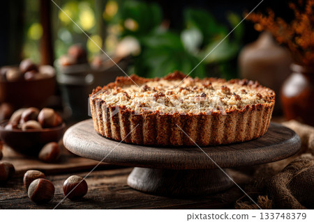 Delicious hazelnut cake with golden crust on rustic table 133748379