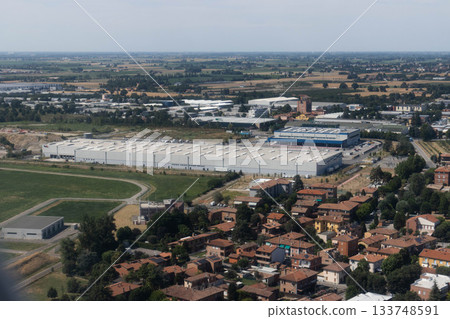 View from the plane of Amazon and Fedex warehouse, Bologna, Italy 133748591