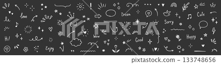Line arrow, star, heart cute icon elements. Hand drawn sketch heart, arrow, star, flower decoration symbols. Simple sketch line style emphasizes abstract elements on chalkboard. Vector Line arrow, star, heart cute icon elements. Hand drawn sketch heart, arrow, star, flower decoration symbols. Simple sketch line style emphasizes abstract elements on chalkboard. Vector 133748656