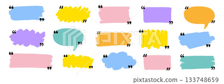 Text box frame set with quotation mark. Hand drawn marker brush stroke text talk message frame background. Quotation mark dialog speech, square, chat color design template. Vector 133748659