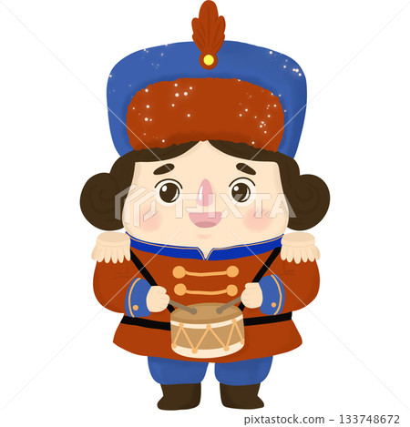 A cute Christmas soldier dressed in a bright red and blue uniform with gold details, holding a festive drum. Nutcracker cartoon kawaii. A cute Christmas soldier dressed in a bright red and blue uniform with gold details, holding a festive drum. Nutcracker cartoon kawaii. 133748672