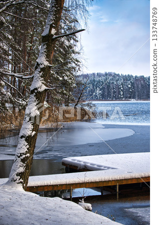 Snowy Lakeside Dock Scene With Snow-Covered Trees And Calm Frozen Water 133748769