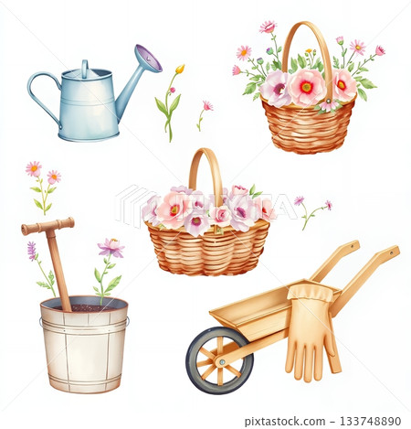 Watercolor gardening tools and flower basket set 133748890