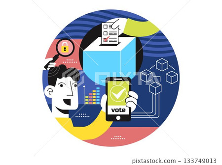 Blockchain Voting System Vector Illustration Showcasing Secure Decentralized Digital Ballots and Transparent Election Technology in a Flat Background 133749013