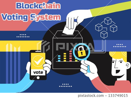 Blockchain Voting System Vector Illustration Showcasing Secure Decentralized Digital Ballots and Transparent Election Technology in a Flat Background 133749015