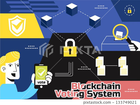 Blockchain Voting System Vector Illustration Showcasing Secure Decentralized Digital Ballots and Transparent Election Technology in a Flat Background Blockchain Voting System Vector Illustration Showcasing Secure Decentralized Digital Ballots and Transparent Election Technology in a Flat Background 133749021