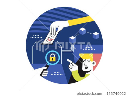 Blockchain Voting System Vector Illustration Showcasing Secure Decentralized Digital Ballots and Transparent Election Technology in a Flat Background Blockchain Voting System Vector Illustration Showcasing Secure Decentralized Digital Ballots and Transparent Election Technology in a Flat Background 133749022