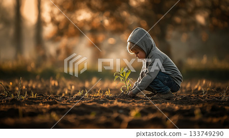 A young child in a hoodie gently plants a small seedling in a sunlit field, capturing a peaceful moment of nature, growth, and early lessons in nurturing the earth. A young child in a hoodie gently plants a small seedling in a sunlit field, capturing a peaceful moment of nature, growth, and early lessons in nurturing the earth. 133749290