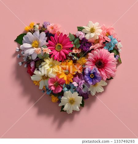 A vibrant heart-shaped arrangement of colorful blossoms on a soft pink background, creating a cheerful and romantic floral design full of texture and detail. 133749293