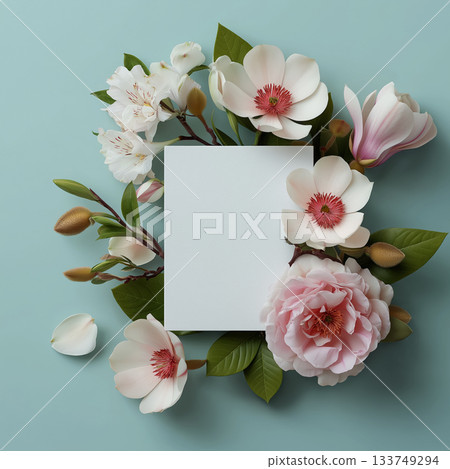A blank white card framed by elegant blooming flowers on a soft blue background, creating a delicate and stylish layout perfect for invitations or greetings. 133749294