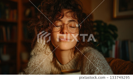 A young woman with curly hair and round glasses relaxes peacefully with her eyes closed, wrapped in a cozy sweater, enjoying warm light in a calm, homey setting. 133749295