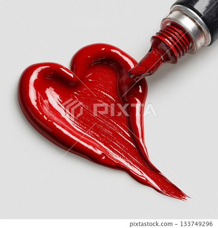 A vivid red heart painted with thick glossy paint flows from a tube, creating a bold, expressive symbol of love on a clean white background. 133749296