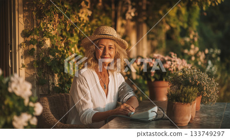 A serene older woman sits outdoors in warm golden sunlight, wearing a straw hat and white blouse, surrounded by blooming garden plants, radiating calm and grace. 133749297