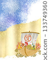A Japanese-style auspicious background illustration of fireworks, gold leaf, and an auspicious treasure ship floating in the blue sky 133749360