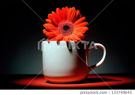 Red flower in white mug against dark background 133749643