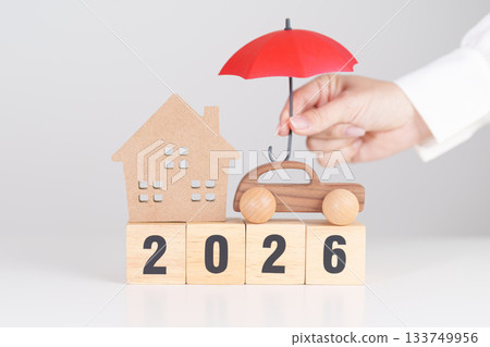 Happy New Year 2026 with red umbrella. Insurance, real estate, Home, car, loan, tax, investment, mortgage, financial, savings, protection and safety Happy New Year 2026 with red umbrella. Insurance, real estate, Home, car, loan, tax, investment, mortgage, financial, savings, protection and safety 133749956