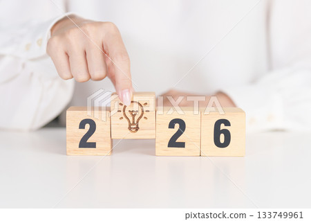 2026 year block with lightbulb. Business Idea, Creative, Thinking, brainstorm, Goal, Resolution, strategy, plan, Action, change and New Year start concepts 133749961