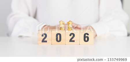 Happy New Year 2026 year block with horse chess. Year of the Horse, animals of the Chinese zodiac, horoscope, success and good fortune 133749969