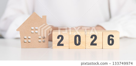 Happy New Year 2026 with house model. real estate, Home loan and mortgage, tax, investment, financial, savings and New Year Resolution concepts Happy New Year 2026 with house model. real estate, Home loan and mortgage, tax, investment, financial, savings and New Year Resolution concepts 133749974