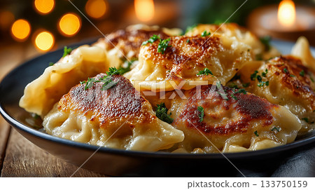 Golden pan-fried dumplings served hot on a plate, glistening with crispy edges and garnished with fresh herbs, captured in warm, inviting bokeh lighting. 133750159