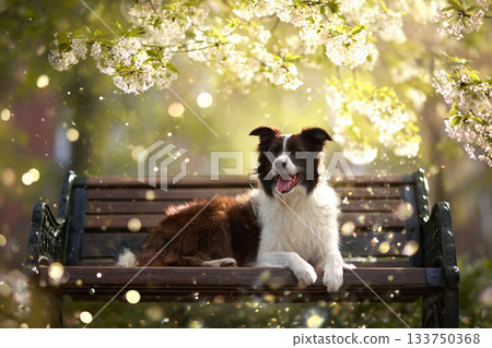 一隻邊境牧羊犬懶洋洋地躺在長椅上，周圍環繞著櫻花和陽光。 133750368
