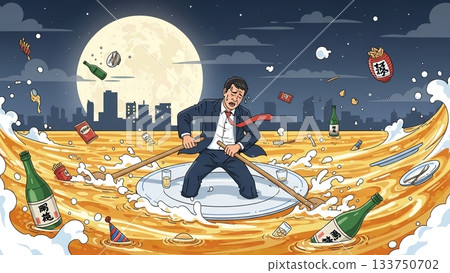 酒精如洪流般湧來！宿醉的商人掙扎在洶湧的波濤中。 133750702