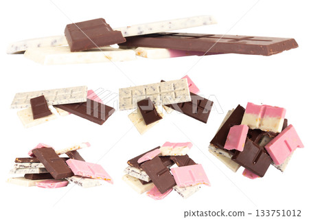 Chocolate broken milk flavor pink white pile fullcolor on white background Chocolate broken milk flavor pink white pile fullcolor on white background 133751012