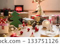 Christmas home decorations with balls, gift boxes, dolls 133751126