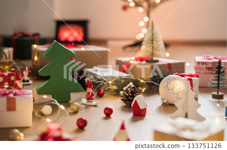 Christmas home decorations with balls, gift boxes, dolls Christmas home decorations with balls, gift boxes, dolls 133751126