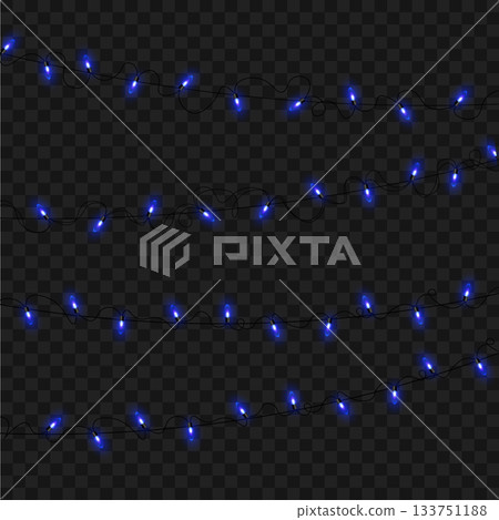 Christmas Blue Glowing String Lights Garland Set on Transparent Background. Vector Christmas Blue Glowing String Lights Garland Set on Transparent Background. Vector 133751188