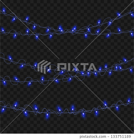 Christmas Blue Glowing String Lights Garland Set on Transparent Background. Vector 133751189