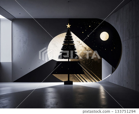 A silhouetted tree stands in a circle of light depicting a full moon and stardust. A tranquil holiday space with a yin-yang aesthetic. A silhouetted tree stands in a circle of light depicting a full moon and stardust. A tranquil holiday space with a yin-yang aesthetic. 133751294