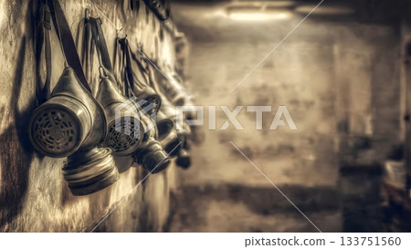 A striking close-up of multiple vintage gas masks with air filters, hanging in a row against a textured, dirty wall in a dimly lit, abandoned or industrial setting. AI Generated 133751560