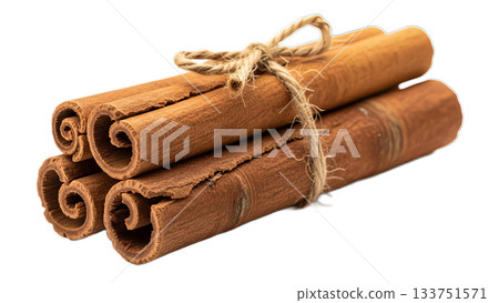 Bundle of dried cinnamon sticks tied with rope isolated on white background 133751571