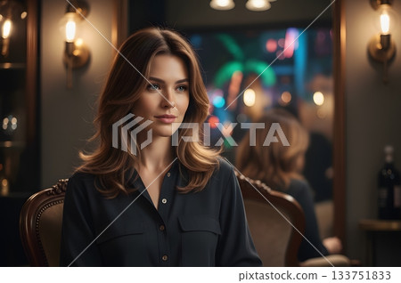 An elegant and beautiful woman with long brown hair is sitting thoughtfully in a vintage chair in beauty salon, captured in a warm, luxurious interior with soft, stylish lighting. AI Generated 133751833