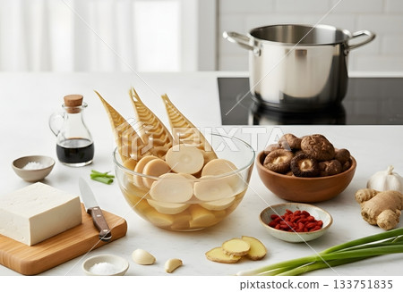 Vegan Bamboo Soup Ingredients with Bamboo shoots, tofu, shiitake mushrooms, and other fresh Asian ingredients like ginger and garlic are arranged on a clean, bright kitchen counter. AI Generated 133751835
