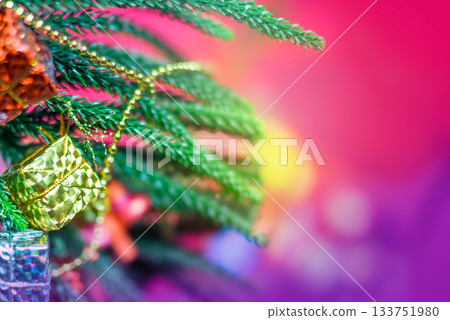 Christmas Tree Gold Ornament Vibrant Bokeh Magenta Background 133751980