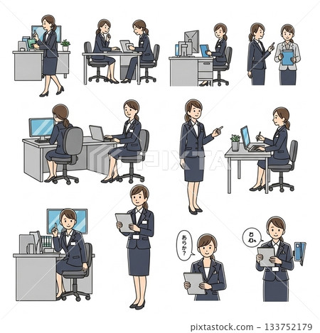 描繪辦公室女性在各種商務場景中的插圖 133752179