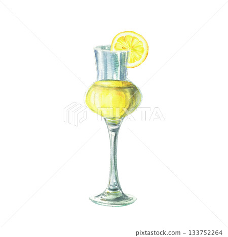 Limoncello glass with lemon sliced. Cocktail, liqueur, yellow beverage or shot drink glass. Realistic Watercolor hand painted for Italian summer drink menu list. illustration Isolated from background Limoncello glass with lemon sliced. Cocktail, liqueur, yellow beverage or shot drink glass. Realistic Watercolor hand painted for Italian summer drink menu list. illustration Isolated from background 133752264